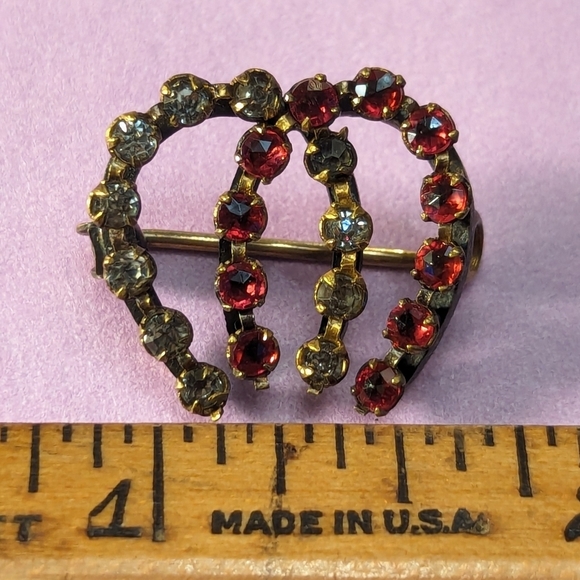 ♥️ Vintage Gold and Black Brooch Red Clear Rhinestones horseshoe equestrian - Picture 2 of 8
